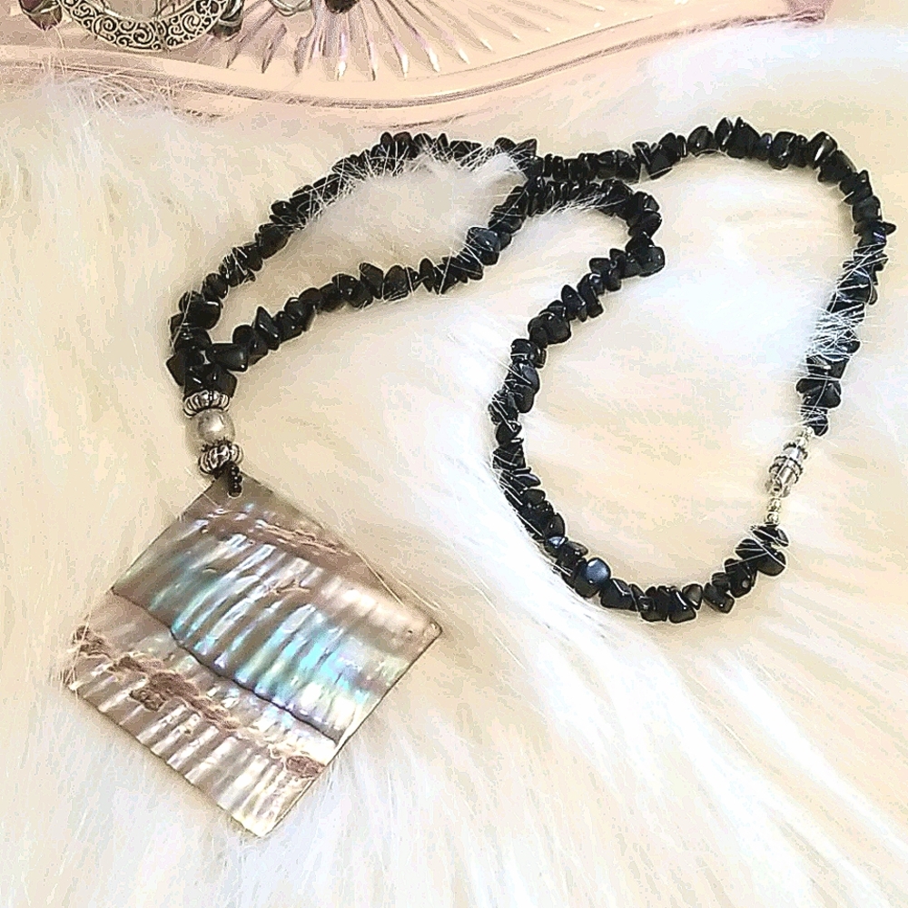 Vintage Abalone & Obsidian Necklace